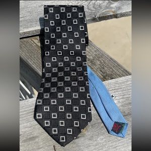 TOMMY HILFIGER Tie Necktie Square Grid Geometric Print Black White Blue